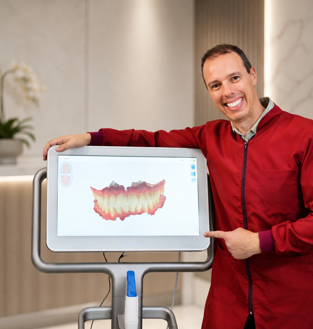 Dr. Luciano Ceron com o escâner iTero mostrando o escaneamento 3D